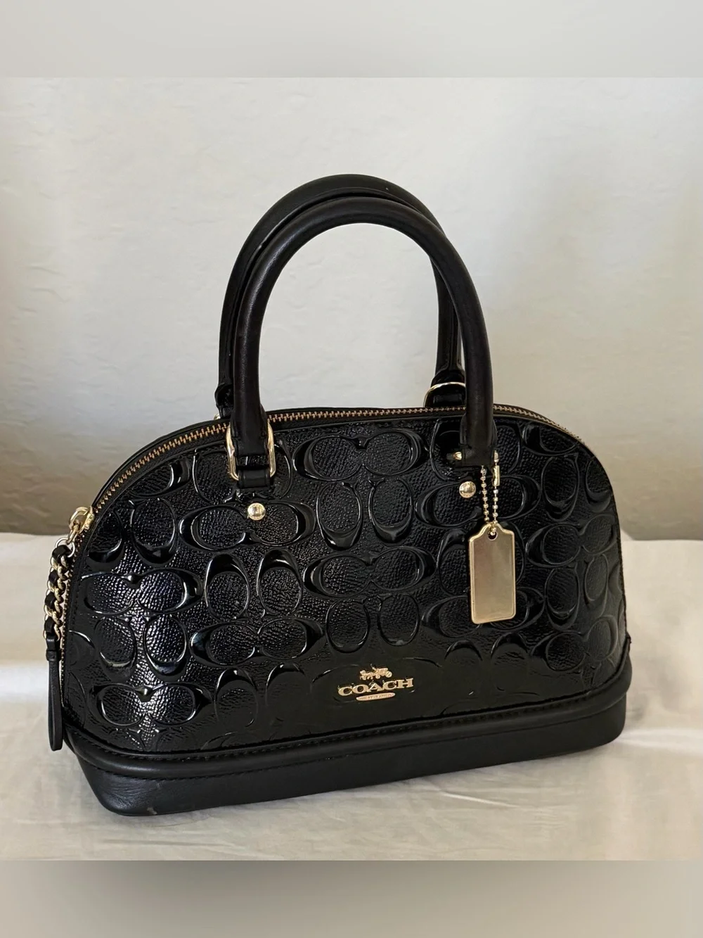 Coach Sierra Black Patent Signature Dome Satchel with Gold Hardware